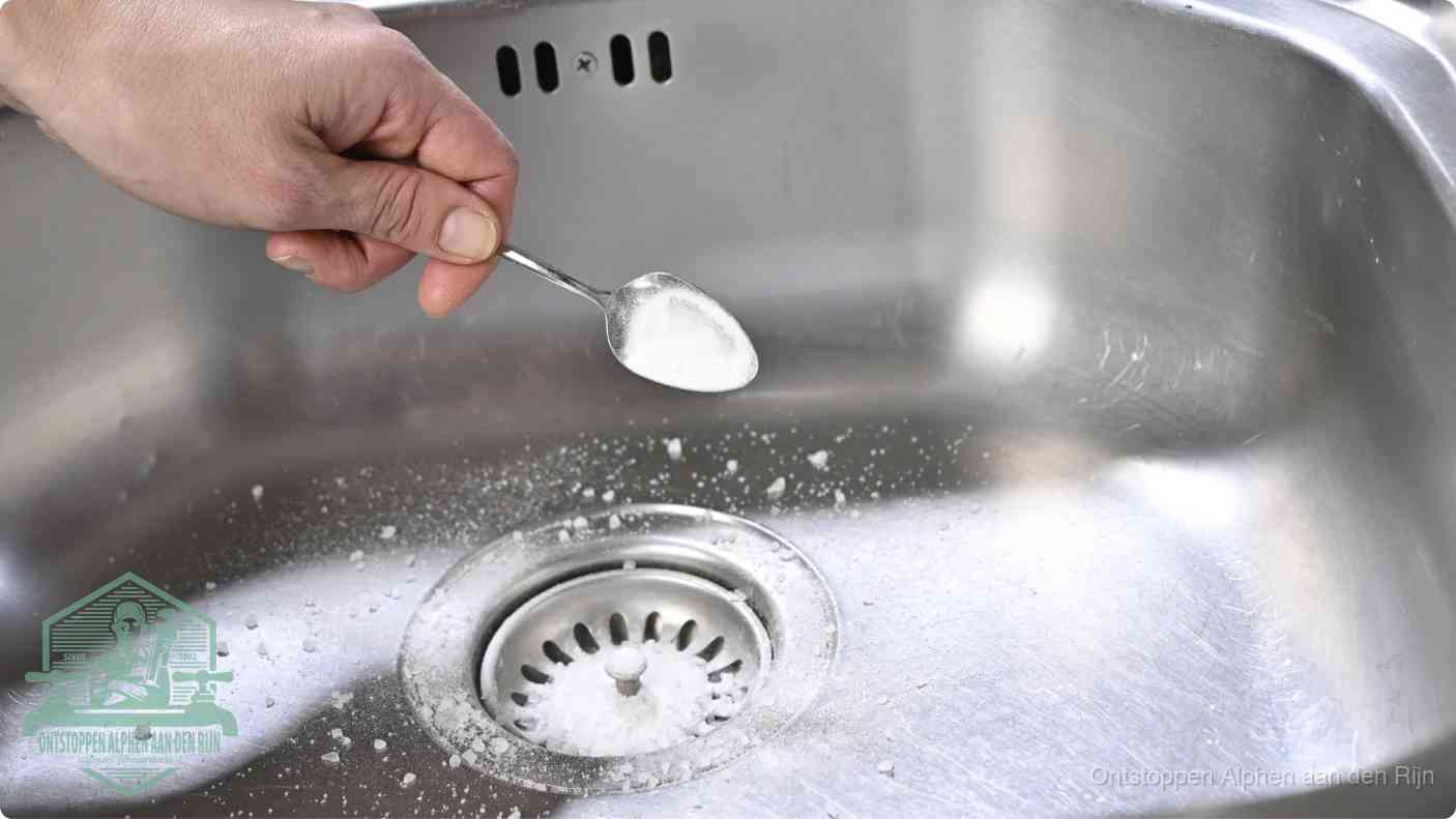 Een hand strooit met een lepel soda in de afvoer van een roestvrijstalen spoelbak, de soda en azijn huismiddel-methode om de afvoer te ontstoppen in Alphen aan den Rijn