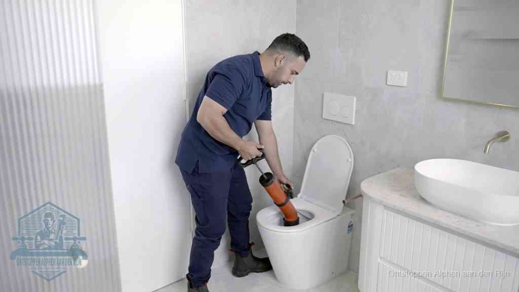 Een monteur buigt over een wandcloset en duwt met de hand een persluchtontstopper in de toiletpot om de verstopping handmatig los te maken in Alphen aan den Rijn