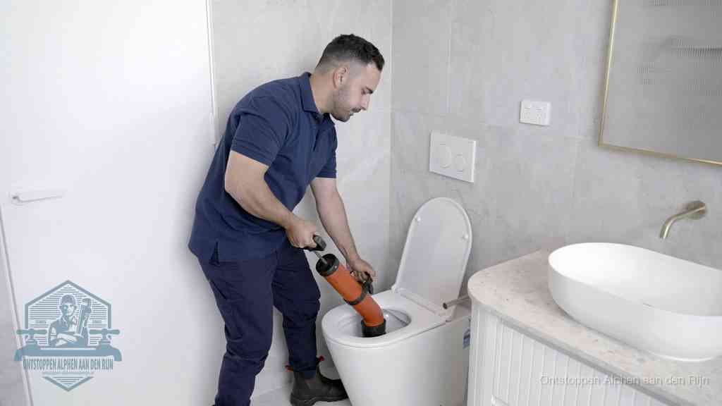 Een monteur gebruikt een handmatige perspomp (toiletontstopper) op een wandcloset tijdens het professioneel wc ontstoppen in Alphen aan den Rijn
