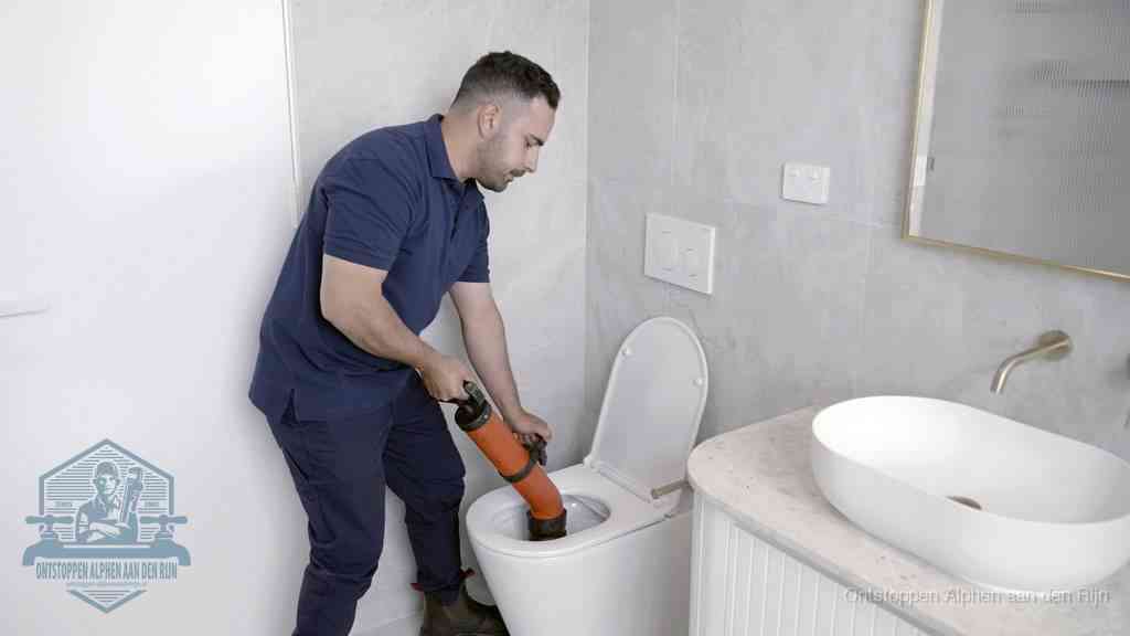 Een man gebruikt een handmatige luchtdruk-ontstopper in een modern betegeld toilet om zelf de wc te ontstoppen in Alphen aan den Rijn